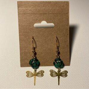 Handmade Teal and Gold Dragonfly Earrings